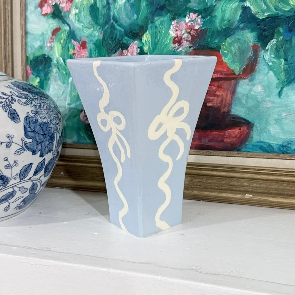 Blue Ceramic Vase Hand-Painted Ribbons